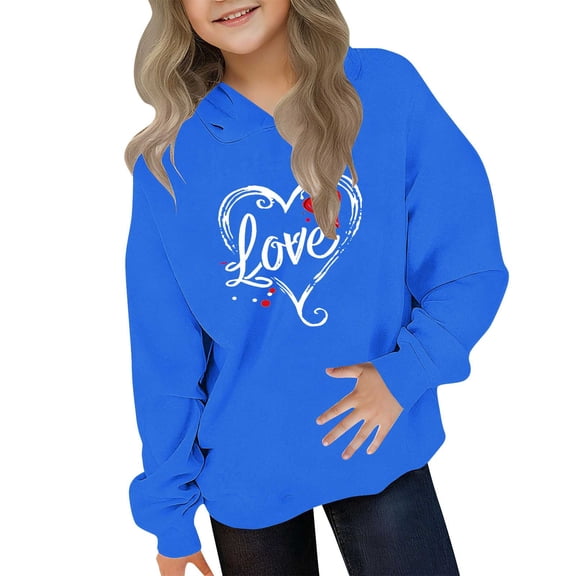 Eltusu Girls Valentines Hoodies, Long Sleeve Casual Heart Graphic Loose Fit Pullover Sweatshirts Blue Size 7-8 T
