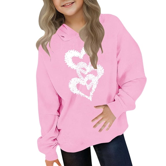 Eltusu Girls Valentines Hoodies, Loose Fit Long Sleeve Fashion Heart Graphic Pullover Sweatshirts Pink Size 13-14 T