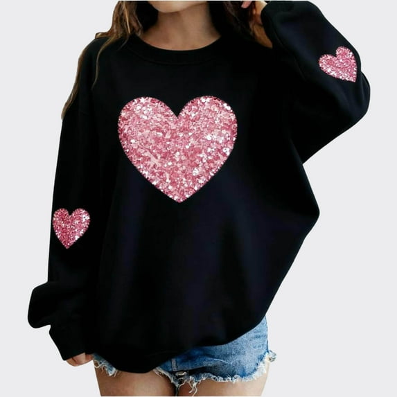 Eltusu Girls Valentines Sweatshirts, Heart Graphic Crew Neck Casual Long Sleeve Pullover Tee Tops Black Size 3-4T