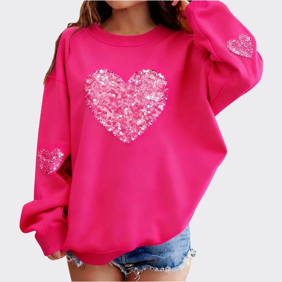 Eltusu Girls Valentines Sweatshirts, Heart Graphic Long Sleeve Crew Neck Casual Pullover Tee Tops Hot Pink Size 12-13T