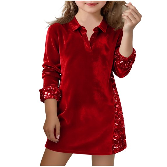 Eltusu Girls Velvet Dress, Sequin Fashion Soft Collared Long Sleeve Dress Red Size 12-13 T