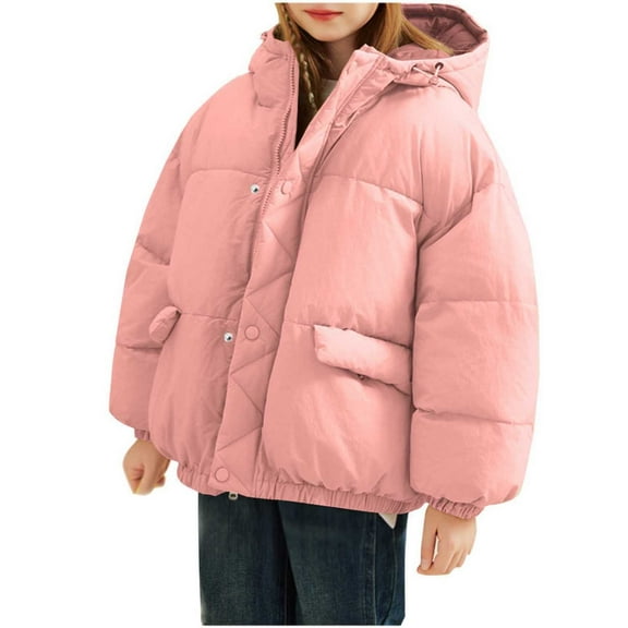 Eltusu Girls Warm Puffer Jackets, Comfy Hoodie Windproof Long Sleeve Winter Coats with Pockets Pink Size 9-10 T
