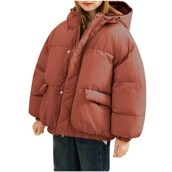 Eltusu Girls Warm Puffer Jackets, Comfy Windproof Long Sleeve Hoodie Winter Coats with Pockets Coffee Size 7-8 T