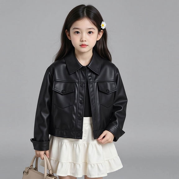 Eltusu Girls Windproof Jackets, Zipper PU Solid Color Long Sleeve Kids Outerwear Black Size 7-8 T