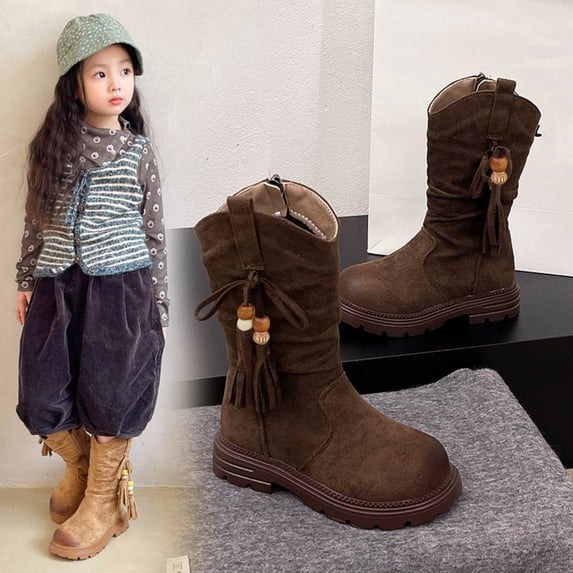 Eltusu Girls Winter Boots Mid Calf, Non-Slip Zipper Windproof Chunky Riding Boots Brown Size 1 Big Kids