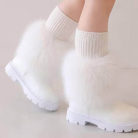 Eltusu Girls Winter Boots Mid Calf, PU Soft No Slip Windproof Riding Boots White Size 3 Big Kids