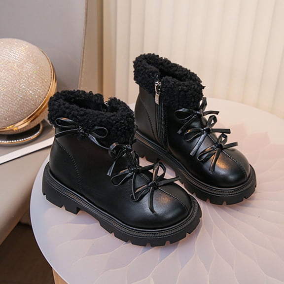 Eltusu Girls Winter Boots, No Slip Breathable Lace-up Thermal Kids Shoes Black Size 10（Little Kids)