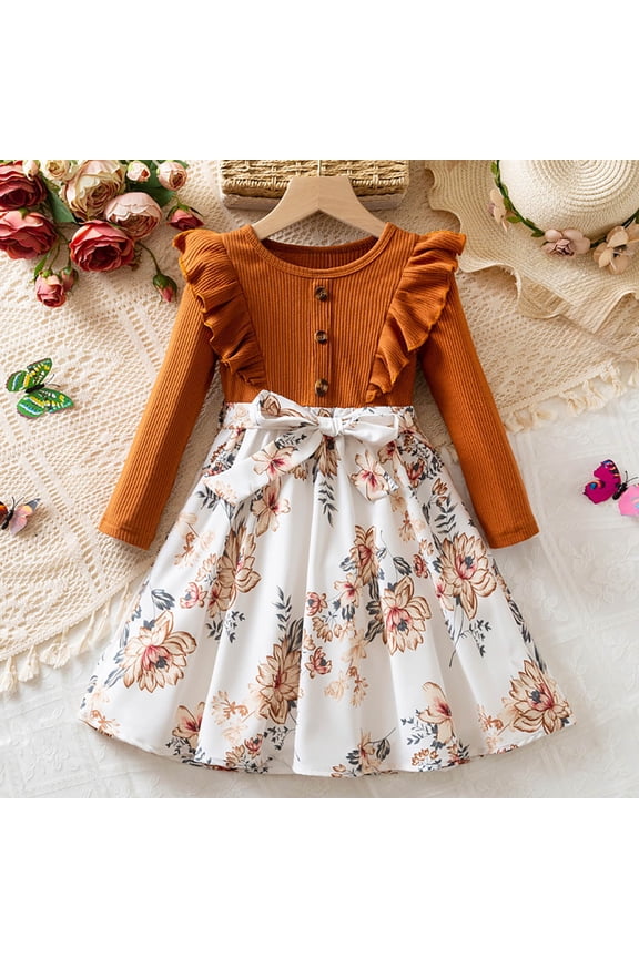 Girls Winter Dress, Cotton Thermal Princess Ruffle sleeve Tutu Dress Brown Size 3-4 T