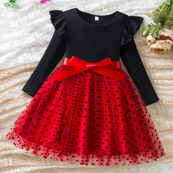Eltusu Girls Winter Dress, Ruffle sleeve Thermal Fashion Crew Neck Tutu Dress Red Size 6-7 T