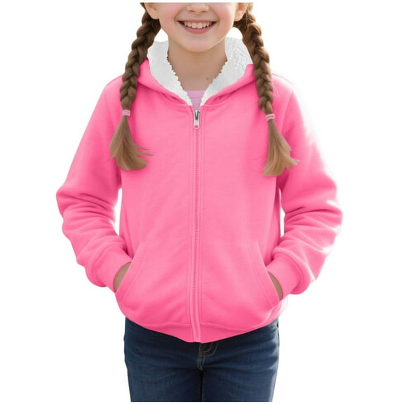 Eltusu Girls Winter Hoodies, Long Sleeve Solid Color Full Zip Thermal Girls Outerwears Hot Pink Size 2-15 T