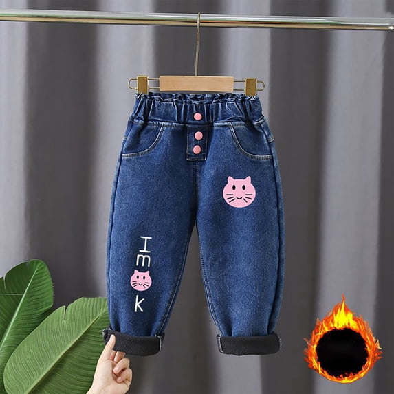 Eltusu Girls Winter Jeans, Elastic Bottom Warm Elastic Waist Printed Denim Pants Blue Size 7 T