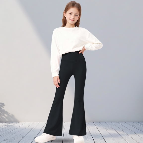 Eltusu Girls Winter Leggings, Elastic Waist Casual Thermal Stretch Flare Pants Black Size 4-5 T