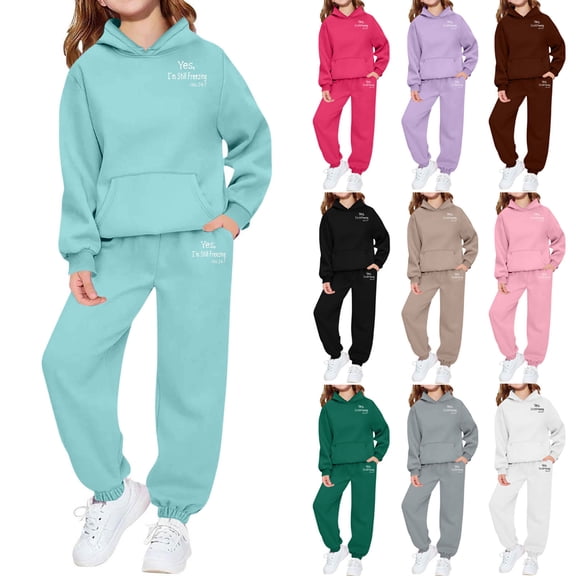 Eltusu Girls Winter Outfit Sets, Elastic Waist Long Sleeve Sports Thermal Hoodies and Sweatpants Sets Light Blue Size 2-13T