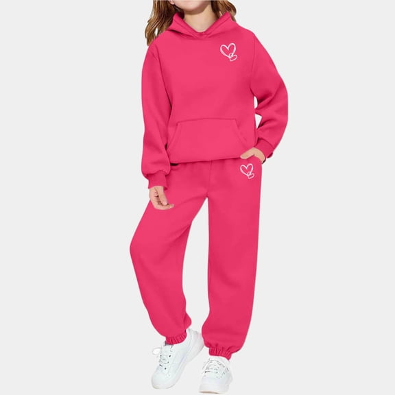 Eltusu Girls Winter Outfit Sets, Elastic Waist Thermal Heart Long Sleeve Hoodies and Sweatpants Sets Hot Pink Size 9-10 T