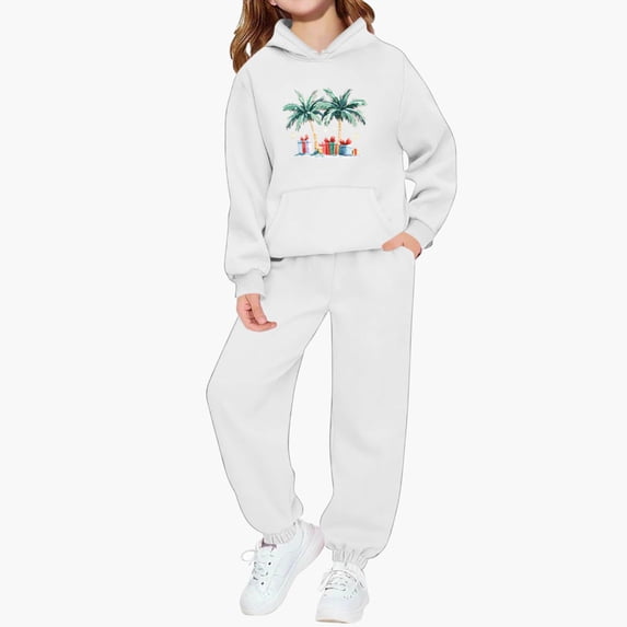 Eltusu Girls Winter Outfit Sets, Long Sleeve Elastic Waist Warm Sports Hoodies and Sweatpants Sets White Size 3-4T