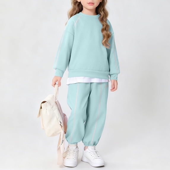 Eltusu Girls Winter Outfit Sets, Long Sleeve Thermal Elastic Waist Solid Color Sweatshirts and Sweatpants Sets Green Size 15-16 T