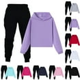 thumbnail image 1 of Eltusu Girls Winter Outfit Sets, Solid Color Cotton Long Sleeve Elastic Waist Hoodies and Sweatpants Sets Purple Size 3-14 T, 1 of 6