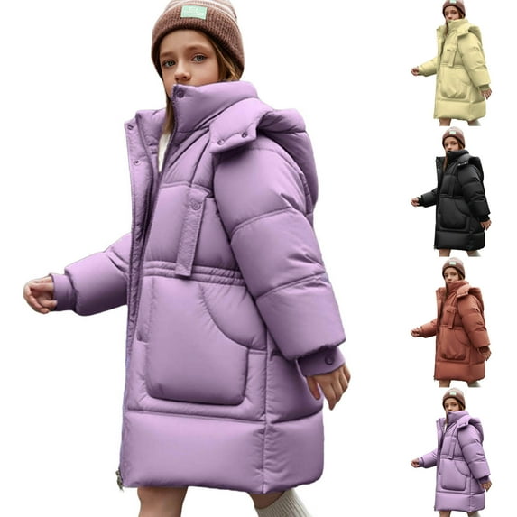 Eltusu Girls Winter Puffer Jackets, Full Zip Warm Windproof Pockets Coats with Hood Purple Size 5-14T