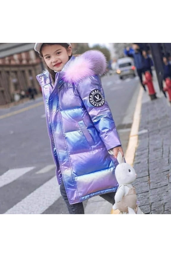 Girls Winter Puffer Jackets, Outdoor Windproof Zipper Warm Coats with Hood Purple Size 4-8 T