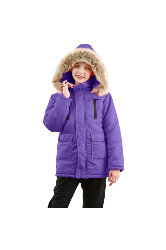 Girls Winter Puffer Jackets, Windproof Warm Zip up Soft Coats with Hood Purple Size 5-6 T