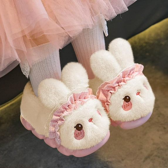 Eltusu Girls Winter Slippers, Bunny Warm No Slip Comfy House Shoes White Size 1(Big Kids)
