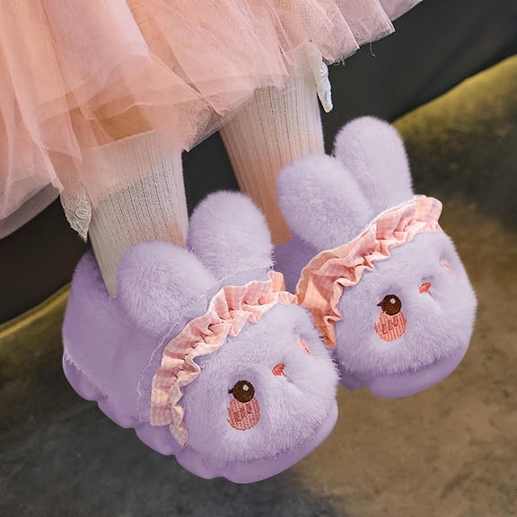 Eltusu Girls Winter Slippers, No Slip Warm Bunny Comfy House Shoes Purple Size 1(Big Kids)