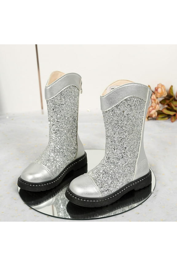Little Girls Riding Boots, Mid-Calf Thermal Princess No Slip Winter Shoes Silver Size 13(Little Kids)