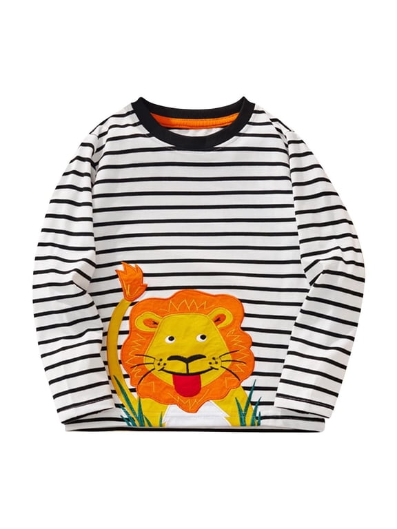 Long Sleeve Tops for Toddler Boys, Crew Neck Striped Cotton Pullover Graphic Tees Black Size 3-4 T