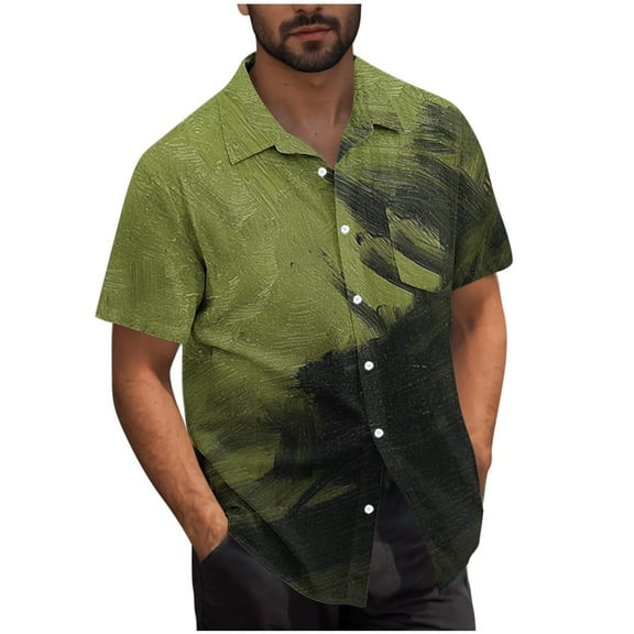Eltusu Men's Button up Shirts, Fashion Stretchy Lapel Collar Short Sleeve Casual Shirts Army Green Size L