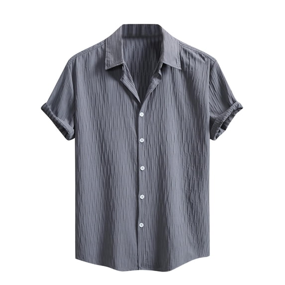 Eltusu Men's Button up Shirts, Lapel Collar Summer Short Sleeve Stretch Casual Shirts Gray Size L