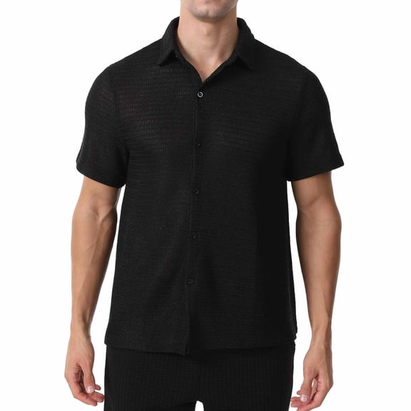 Eltusu Men's Button up Shirts, Stretch Lapel Collar Knitting Cotton Short Sleeve Casual Shirts Black Size 2XL