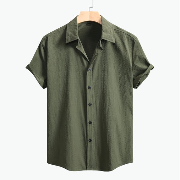 Eltusu Men's Button up Shirts, Stretch Lapel Collar Short Sleeve Soft Casual Shirts Green Size 2XL