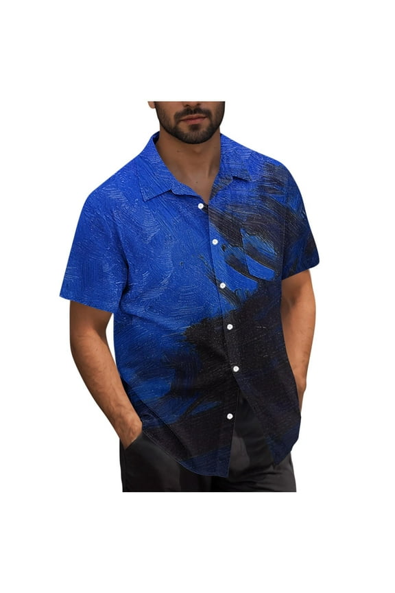Men's Button up Shirts, Stretchy Fashion Short Sleeve Lapel Collar Casual Shirts Blue Size 3XL