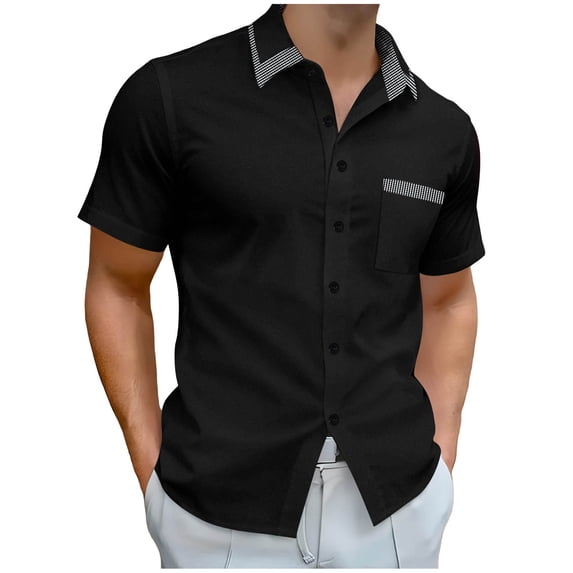 Eltusu Men's Casual Button Down Shirts, Breathable Lapel Collar Stretch Summer Short Sleeve Shirts Black Size 3XL