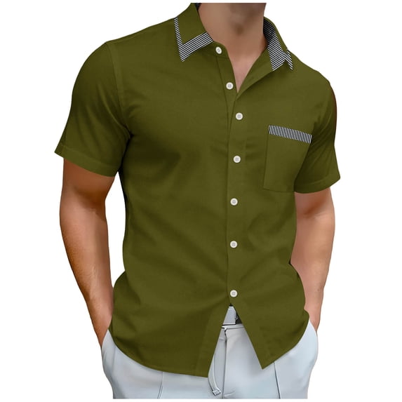 Eltusu Men's Casual Button Down Shirts, Breathable Summer Lapel Collar Stretch Short Sleeve Shirts Army Green Size L