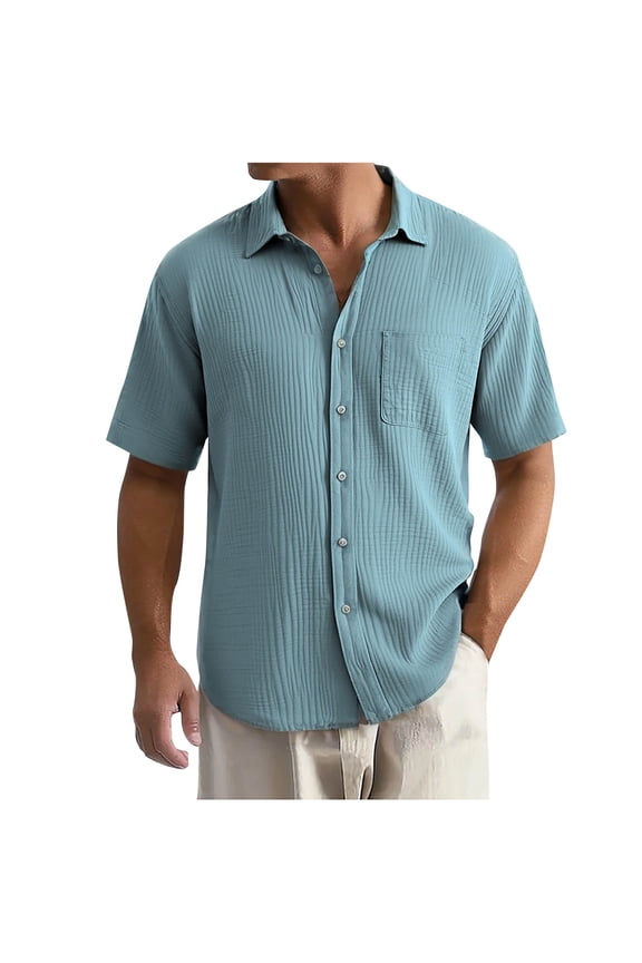 Men's Casual Button Down Shirts, Lapel Collar Stretchy Comfy Summer Short Sleeve Shirts Light Blue Size S