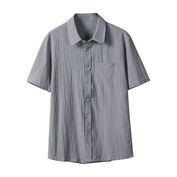 Eltusu Men's Casual Button Down Shirts, Lapel Collar Summer Relaxed Fit Stretch Short Sleeve Shirts Gray Size L