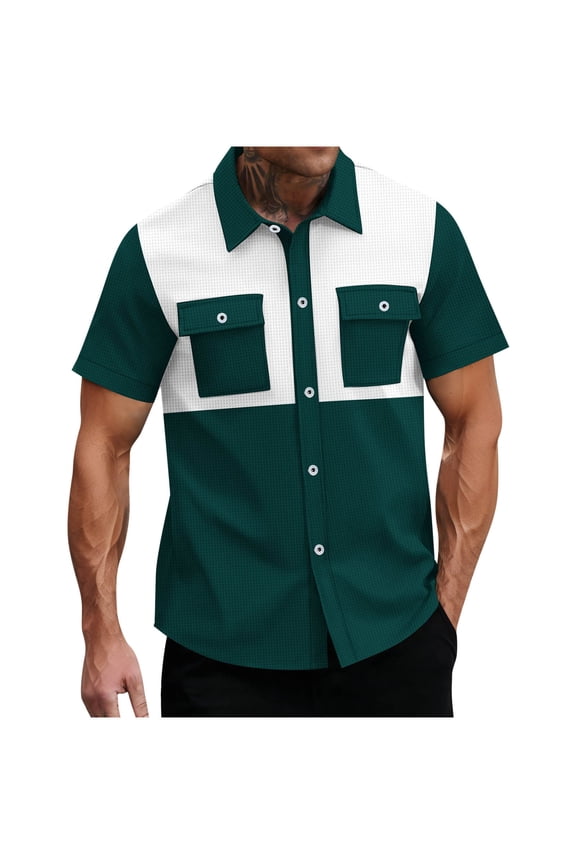 Men's Casual Button Down Shirts, Regular Fit Stretch Lapel Collar Summer Short Sleeve Shirts Army Green Size S