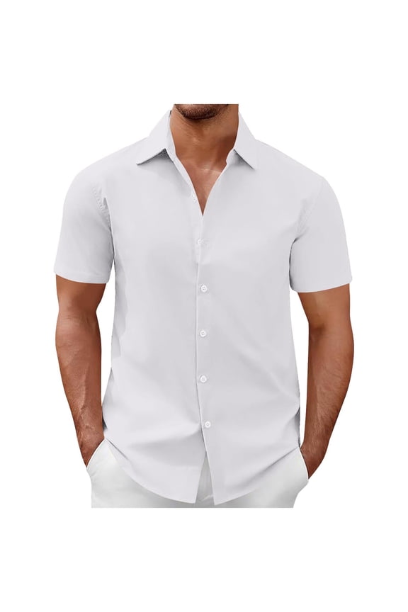 Men's Casual Button Down Shirts, Soft Short Sleeve Stretch Turn Down Collar Summer Shirts White Size XL