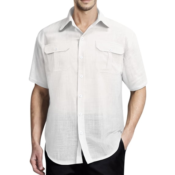 Eltusu Men's Casual Button Down Shirts, Stretch Cotton Summer Lapel Collar Short Sleeve Shirts White Size XL