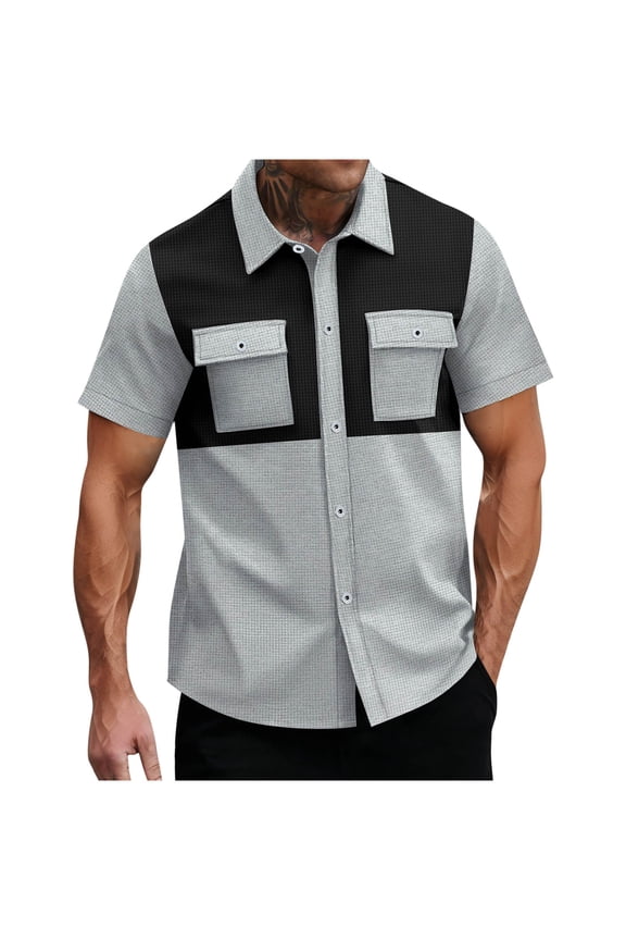 Men's Casual Button Down Shirts, Stretch Lapel Collar Summer Regular Fit Short Sleeve Shirts Gray Size XL