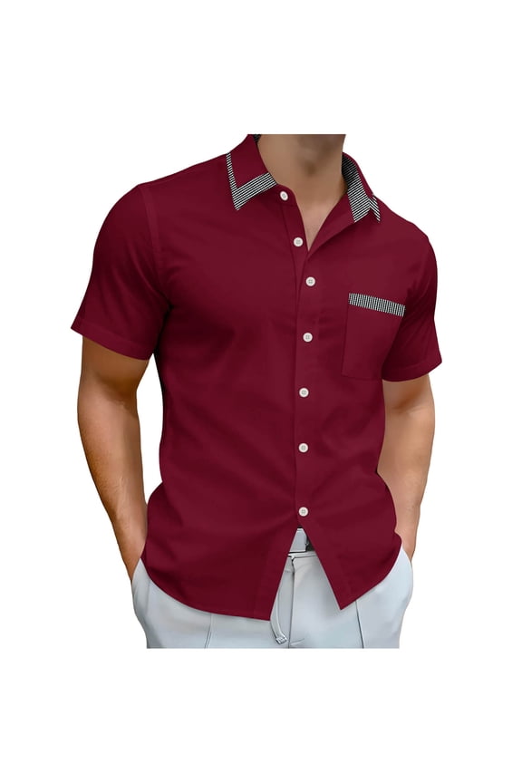 Men's Casual Button Down Shirts, Stretch Summer Breathable Lapel Collar Short Sleeve Shirts Wine Size M