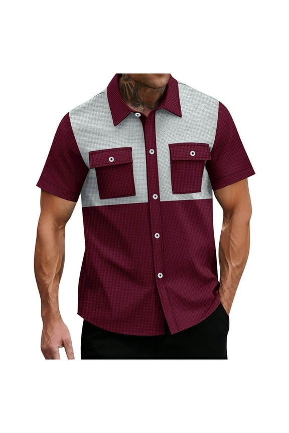 Men's Casual Button Down Shirts, Stretch Summer Regular Fit Lapel Collar Short Sleeve Shirts Wine Size 2XL