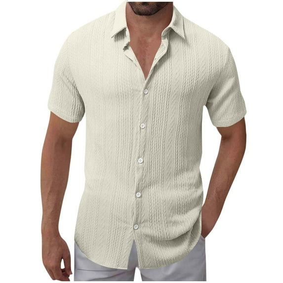 Eltusu Men's Casual Button Down Shirts, Stretchy Solid Color Short Sleeve Turn Down Collar Summer Shirts Beige Size 2XL