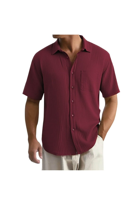 Men's Casual Button Down Shirts, Summer Lapel Collar Comfy Stretchy Short Sleeve Shirts Wine Size 3XL