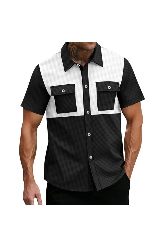 Men's Casual Button Down Shirts, Summer Stretch Regular Fit Lapel Collar Short Sleeve Shirts Black Size 3XL