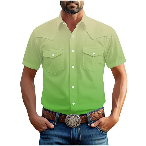 Eltusu Men's Casual Button Down Shirts, Turn Down Collar Stretch Relaxed Fit Short Sleeve Summer Shirts Green Size L