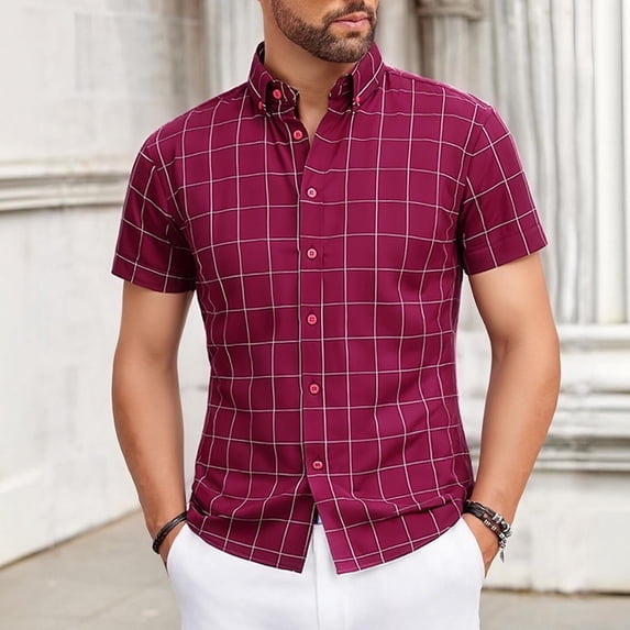 Eltusu Men's Casual Button Up Shirts, Short Sleeve Comfort Summer Turn Down Collar Plaid Shirts Red Size M