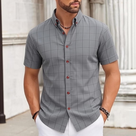 Eltusu Men's Casual Button Up Shirts, Turn Down Collar Short Sleeve Comfort Summer Plaid Shirts Gray Size S