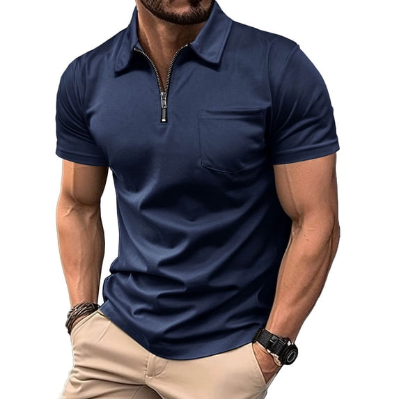 Eltusu Men's Casual Polo Shirts, Collared Summer Zipper Solid Color Shirts with Short Sleeve Dark Blue Size L
